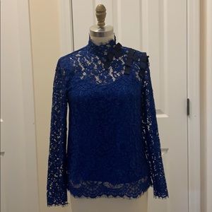 J Crew Mockneck Baroque Cobalt Lace Top NWT 00
